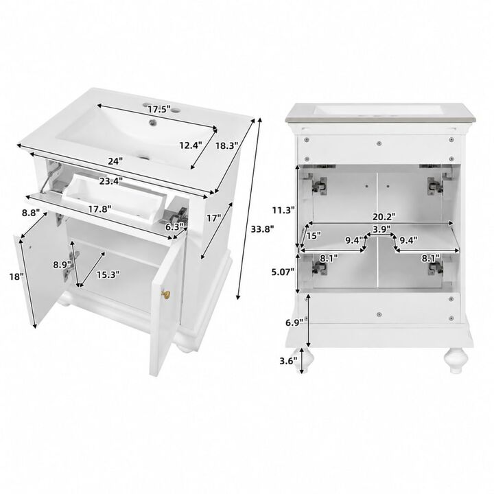 ELEMENT ACE 24 Inch Modern Bathroom Vanity with Ceramic Sink, Tip-Out Drawer, Soft-Close Hinges, Ball-Turned Legs and Adjustable Storage Shelf for Bathrooms