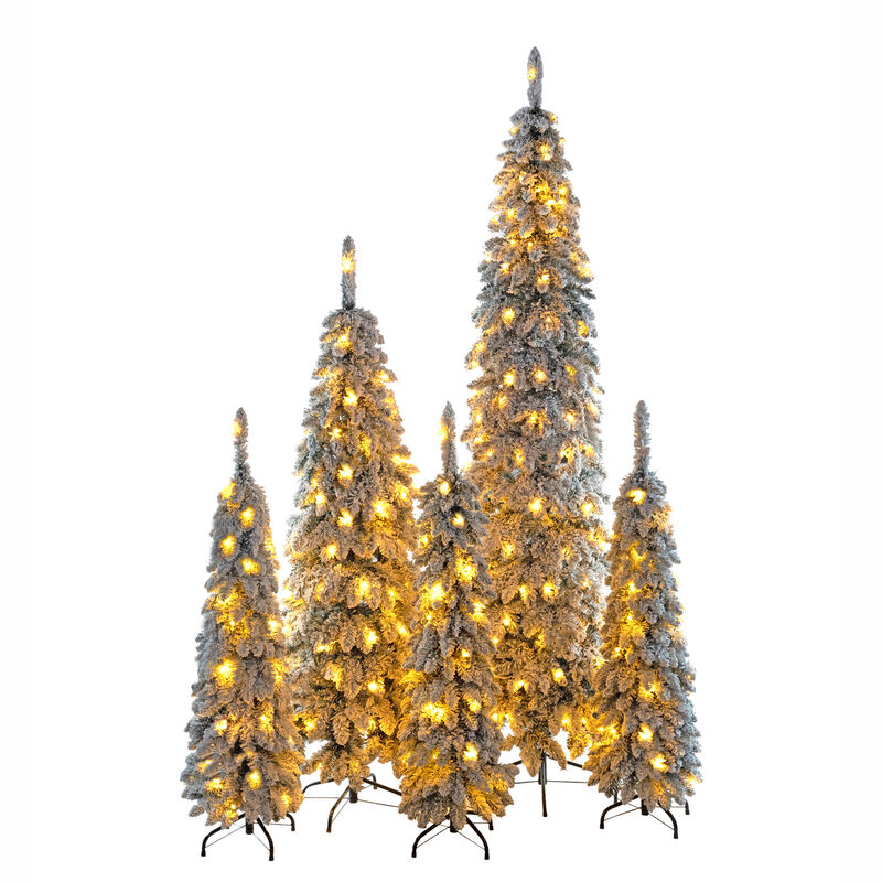 Whisen 8FT, 6FT, 4FT x 3 Pre-Lit Pencil Christmas Trees, 5-set Slim Artificial Christmas Tree With Snow Flocking, Xmas Holiday Decoration Tree, 1820 Branch Tips, 350 LED Lights image number 6