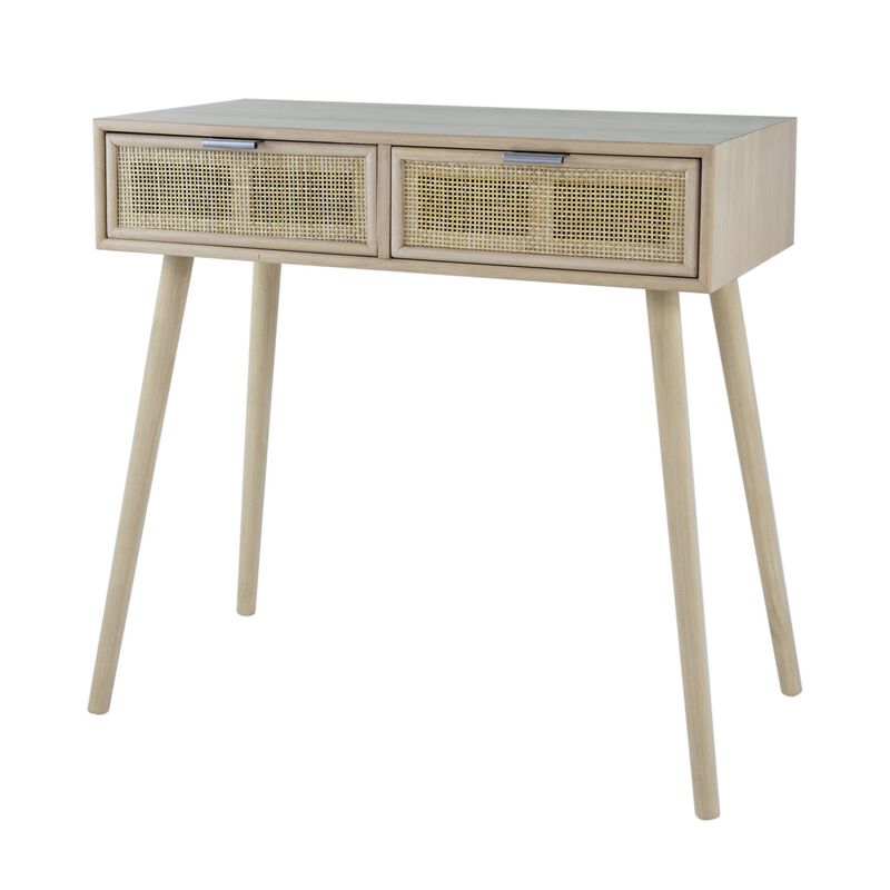 Pia 32 Inch Wood Console Table, 2 Drawers, Woven Rattan, Natural Brown