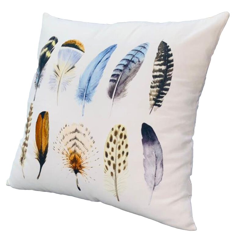 20 x 20 Square Cotton Accent Throw Pillows, Printed Feather Design, Set of 2, White, Multicolor-Benzara