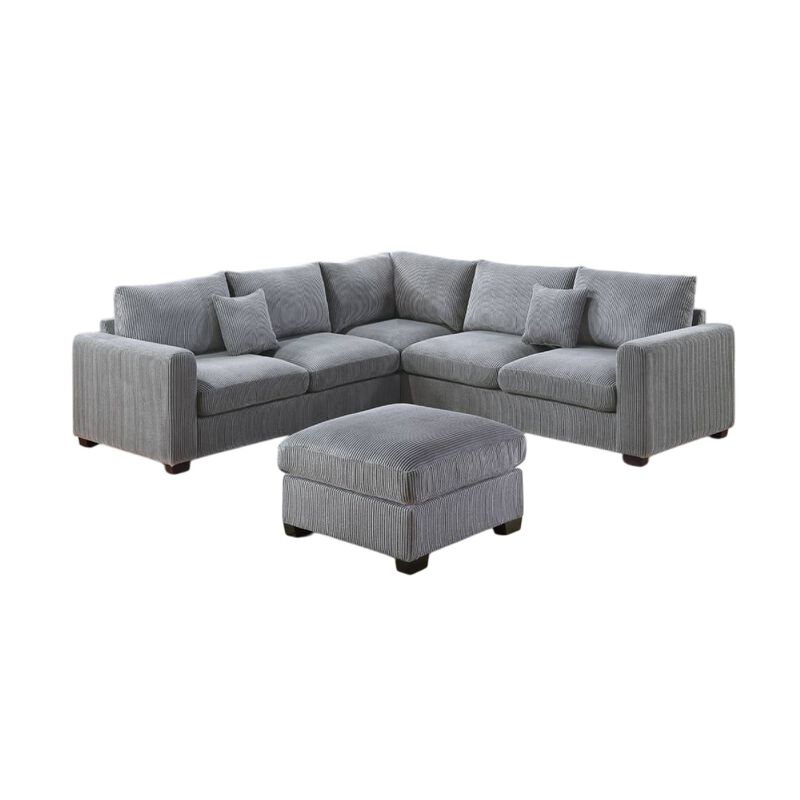 Rey 4pc L Sectional Sofa Set, 2 Accent Pillows, Gray Corduroy Fabric - Benzara