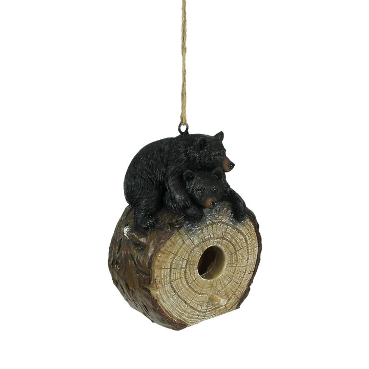 Black Bear Cubs On Log Slice Polyresin Hanging Birdhouse Outdoor Lodge Decor