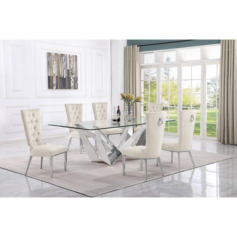 7pc Large(94") glass top dining set with silver base and 6 Cream side chairs