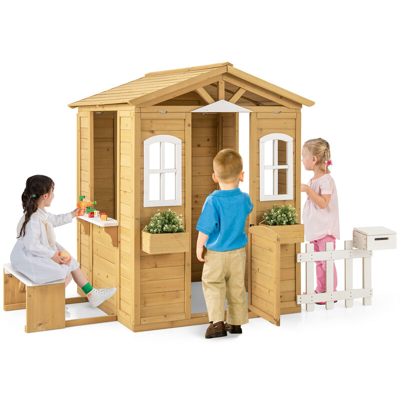 Outdoor Toddler Playhouse with Bench Seat and Service Counters &ndash; Wooden Build, Age 2+