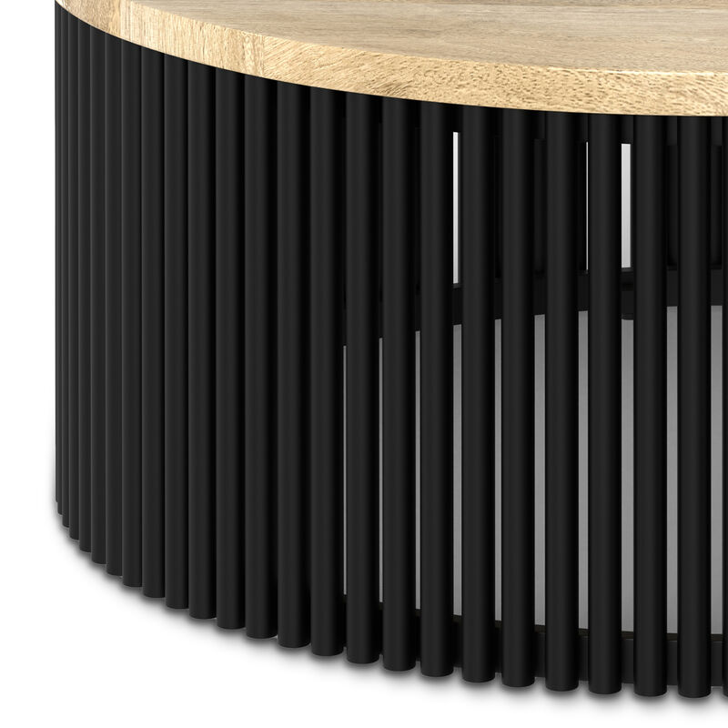Demy  35 inch Wide Round Industrial Contemporary Coffee Table in Natural, Black, Fully Assembled