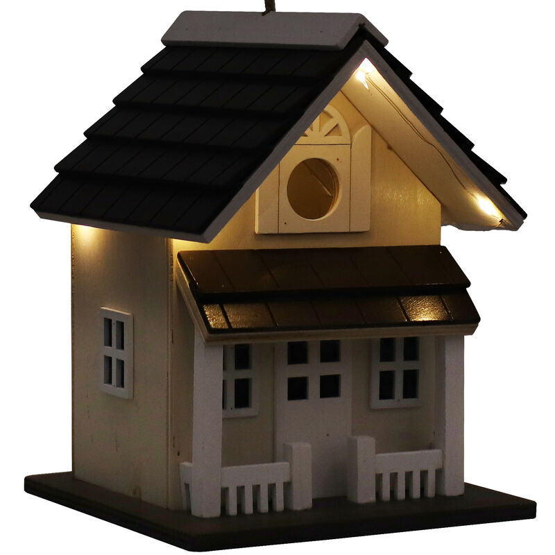 Sunnydaze 9.25 in Wooden Cozy Home Birdhouse with Solar LED Light - Cream