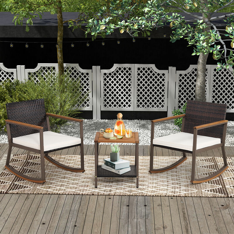 3 Pieces Rattan Rocking Bistro Set with Coffee Table and Cushions