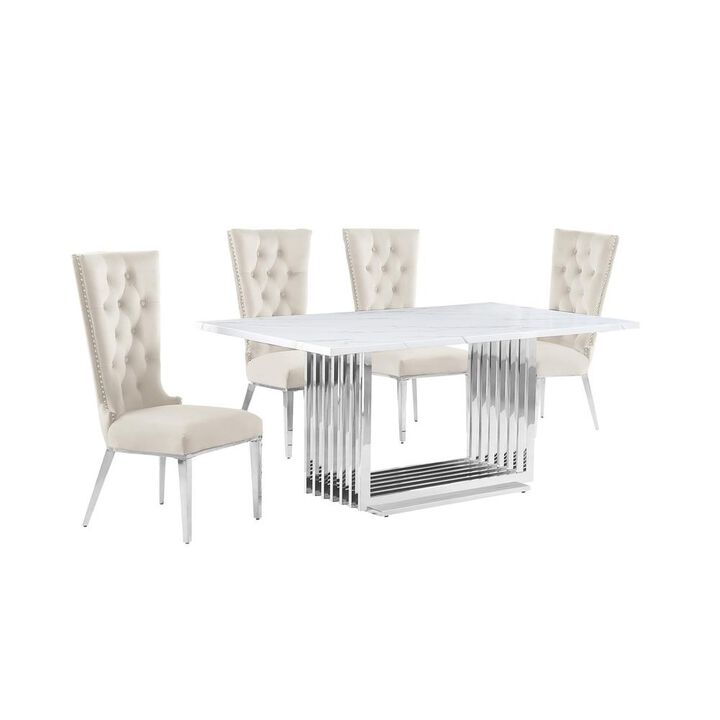 5pc Small(68") marble top dining set with silver base and 4 Cream side chairs