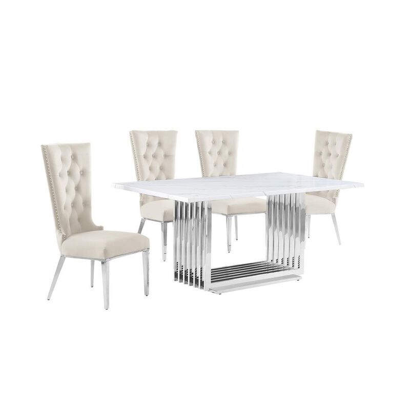 5pc Small(68") marble top dining set with silver base and 4 Cream side chairs