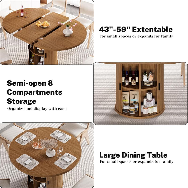 Vipbear 43" to 59" Extendable Round Dining Table, Solid Wood Top with Storage Cabinet, Kitchen image number 3