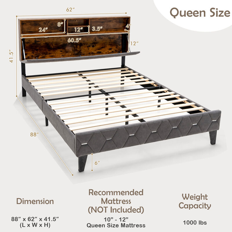 Full/Queen Size Upholstered Bed Frame with Storage Headboard