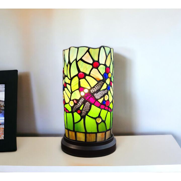 Hivvago 11" Green and Pink Dragonfly Stained Glass Accent Lamp