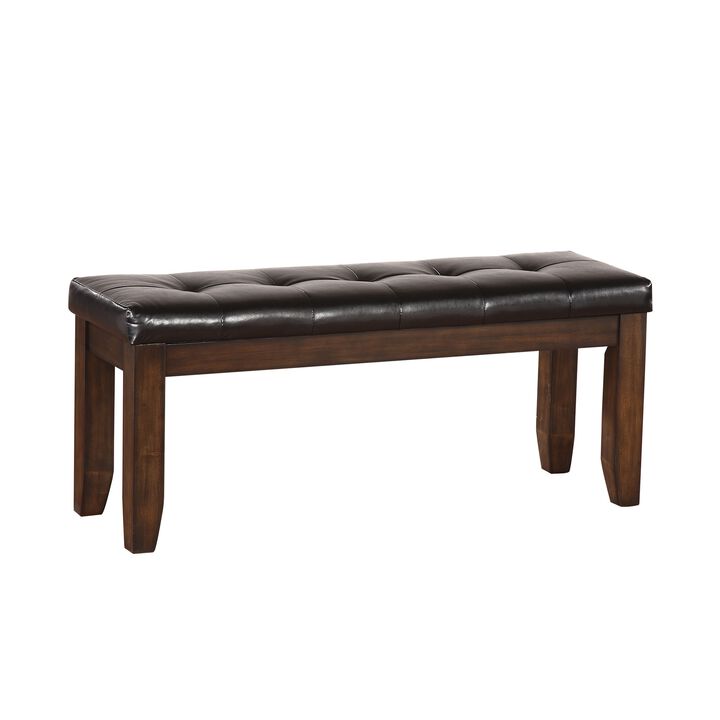 Leatherette Upholstered Tufted Wooden Bench with Chamfered Legs, Brown-Benzara