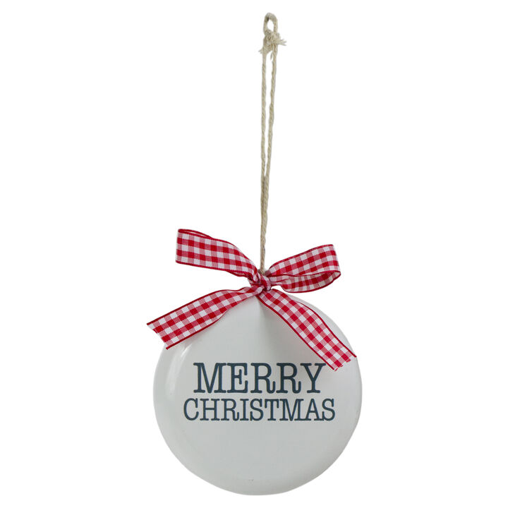 4.5" White and Red Merry Christmas Ornament with a Bow