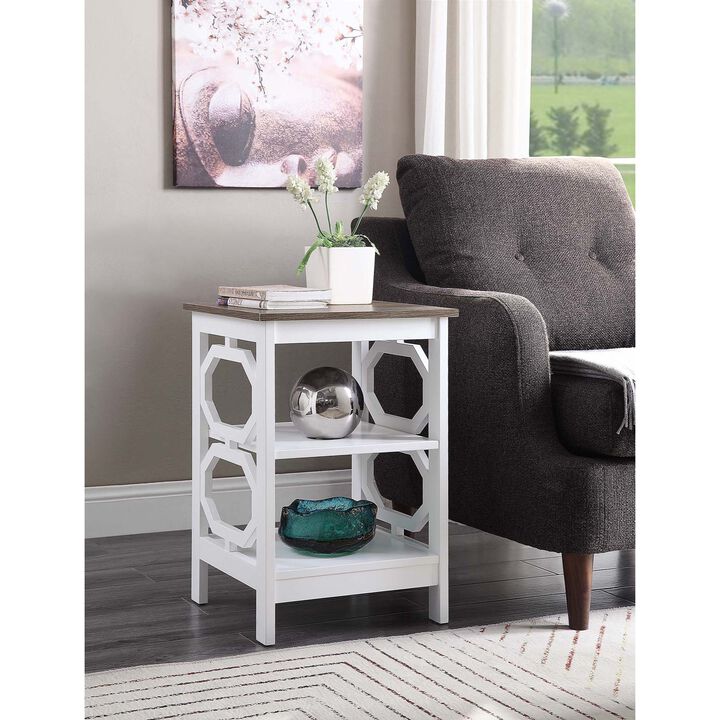 Convenience Concepts Omega End Table with Shelves, Driftwood Top/White, 15.75 in x 15.75 in x 23.75 in