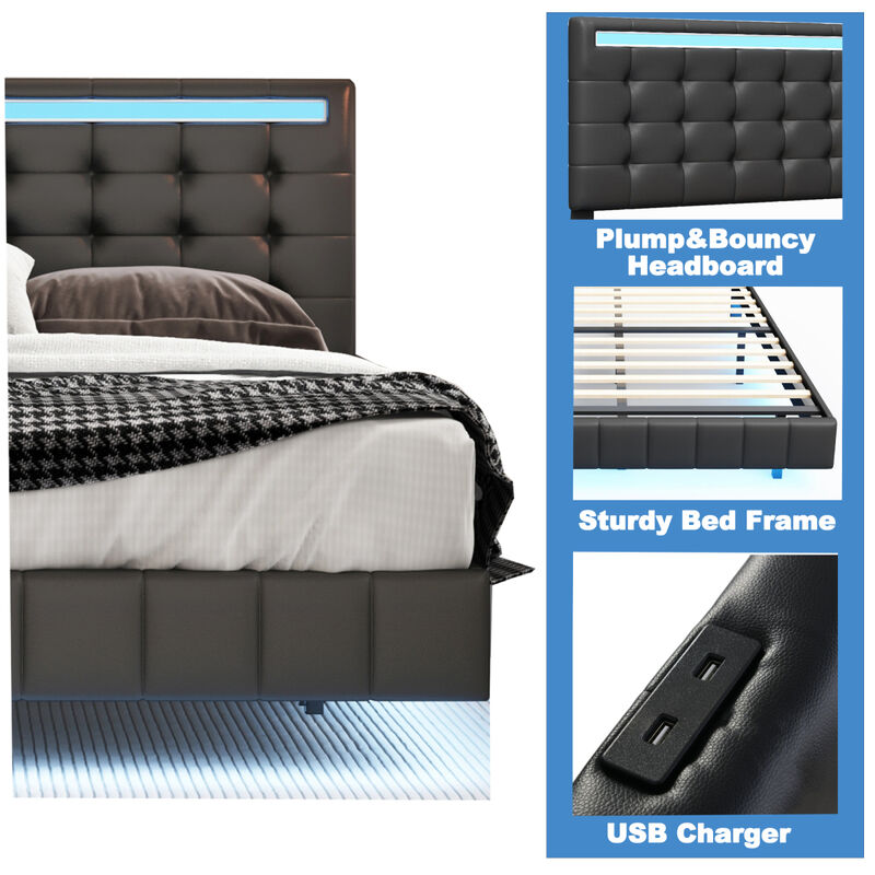 Queen Size Floating Bed Frame with LED Lights and USB Charging, Modern Upholstered Platform LED Bed Frame, Black