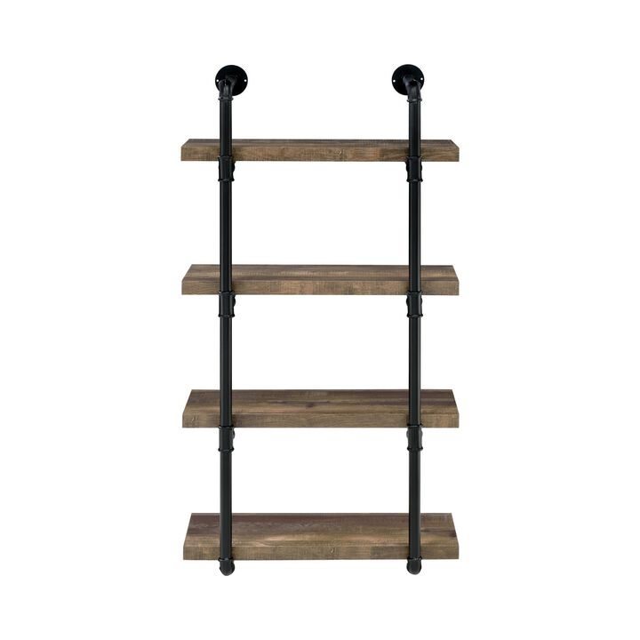 Wall Shelf with 4 Shelves and Piped Metal Frame, Brown and Black