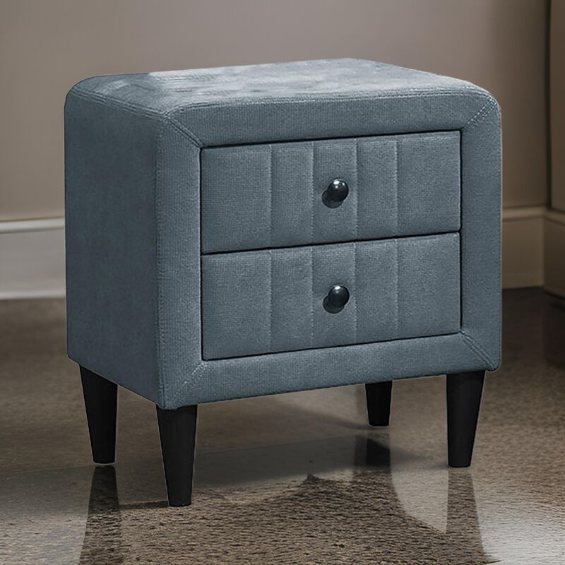 Rheo Nightstand, 2 Drawer, 22 Inch Slate Gray Brushed Linen Upholstery - Benzara