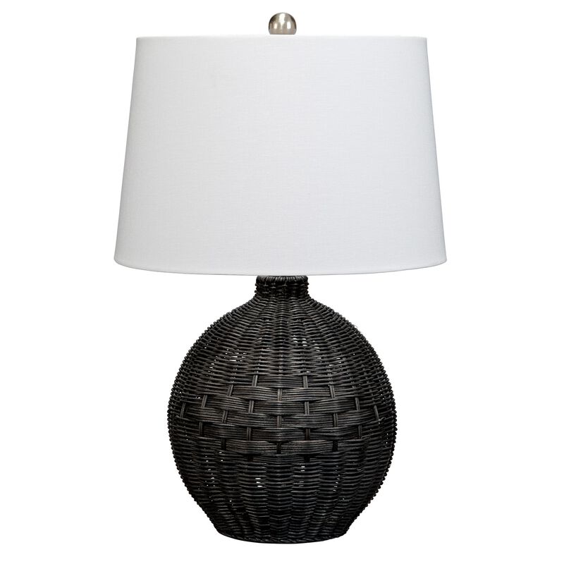 Lee 23 Inch Table Lamp, Rattan Woven, Inverted Tapered Shade, White, Black-Benzara