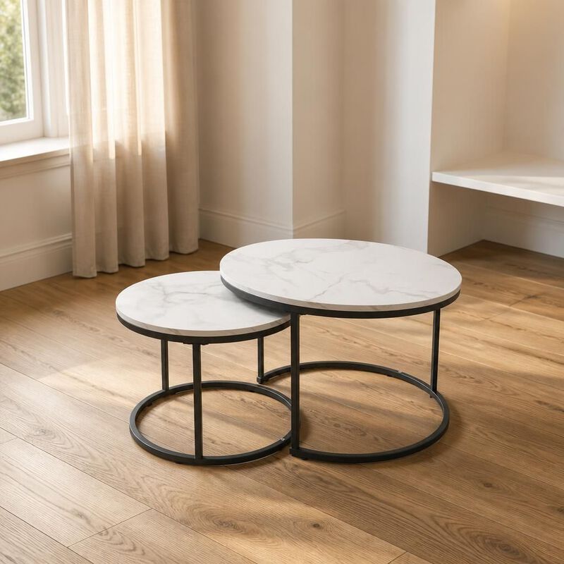 GOODSILO Round Nesting Coffee Table Set of 2, Space-Saving Stackable Side Tables with Marble Pattern Top and Sturdy Metal Frame for Living Room Bedroom Balcony image number 2