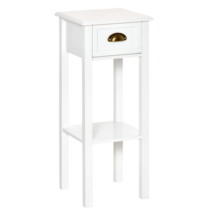 2-Tier Side Table with Drawer, Narrow End Table for Space Saving, Slim Nightstand with Shelf Metal Knob for Living Room Hallway, White