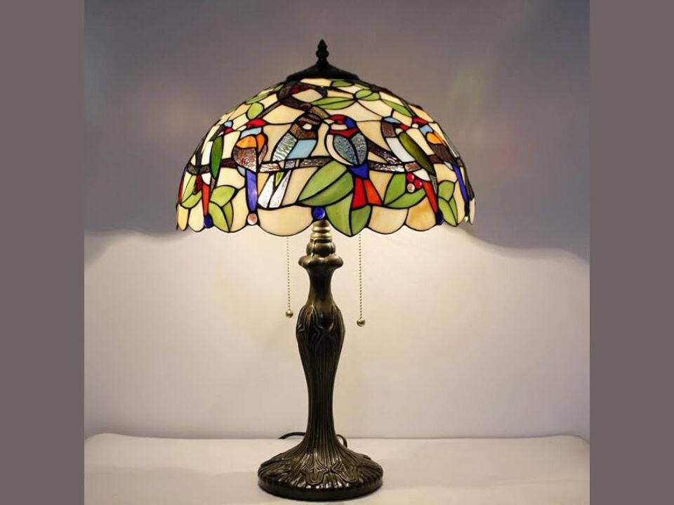Tiffany Table Lamp Stained Glass Birds Design Bedside Desk Lamp Metal Base