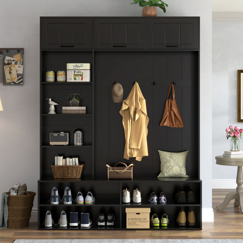 Merax Versatile Entryway Storage Unit with Open Shelving, Closed Cabinets, Hanging Hooks image number 2