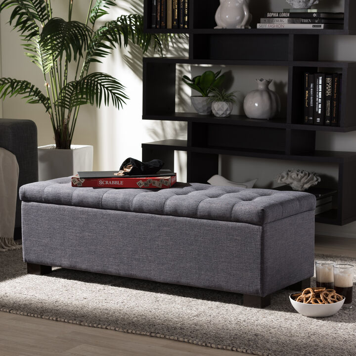 Baxton Studio Roanoke Modern Dark Grey Fabric Upholstered Grid Tufting Storage Ottoman Bench