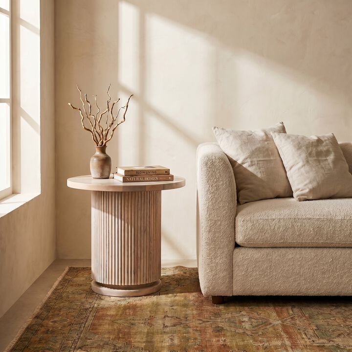 Round Mango Wood Pedestal Side Table with Ribbed Base, Natural Bleached