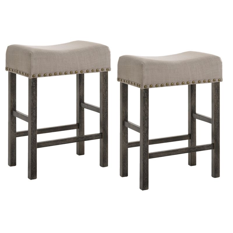Wooden Counter Height Stool with Linen Upholstered Saddle Seat, Set of 2, Beige and Gray-Benzara