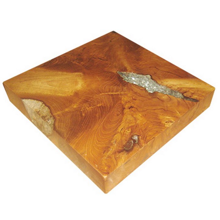 11 Inch Tabletop Platform, Resin Details, Square, Natural Brown Teak Wood - Benzara
