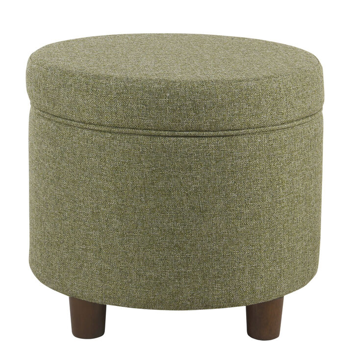 Fabric Upholstered Round Wooden Ottoman with Lift Off Lid Storage, Green - Benzara