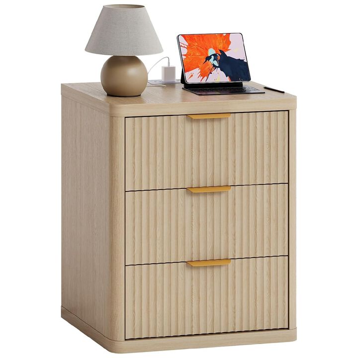 Fluted Nightstand with Charging Station, Bedside Table with 3 Drawers and Open Storage Space, Mid Century Modern End Table, Natural Color 1pcs