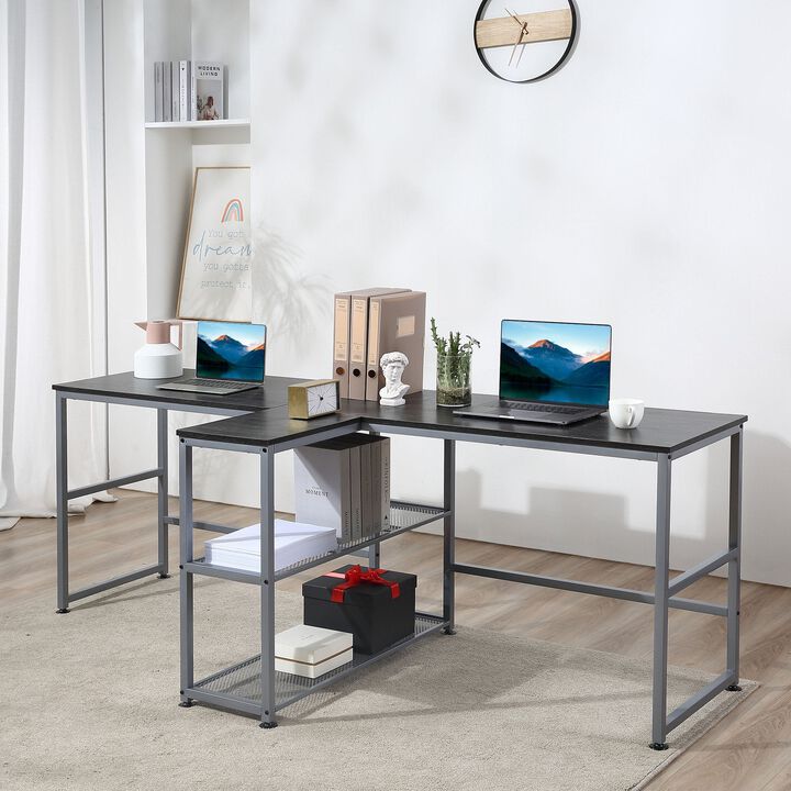 Black Shared Workspace: 83" Two Person Desk with Storage Shelf