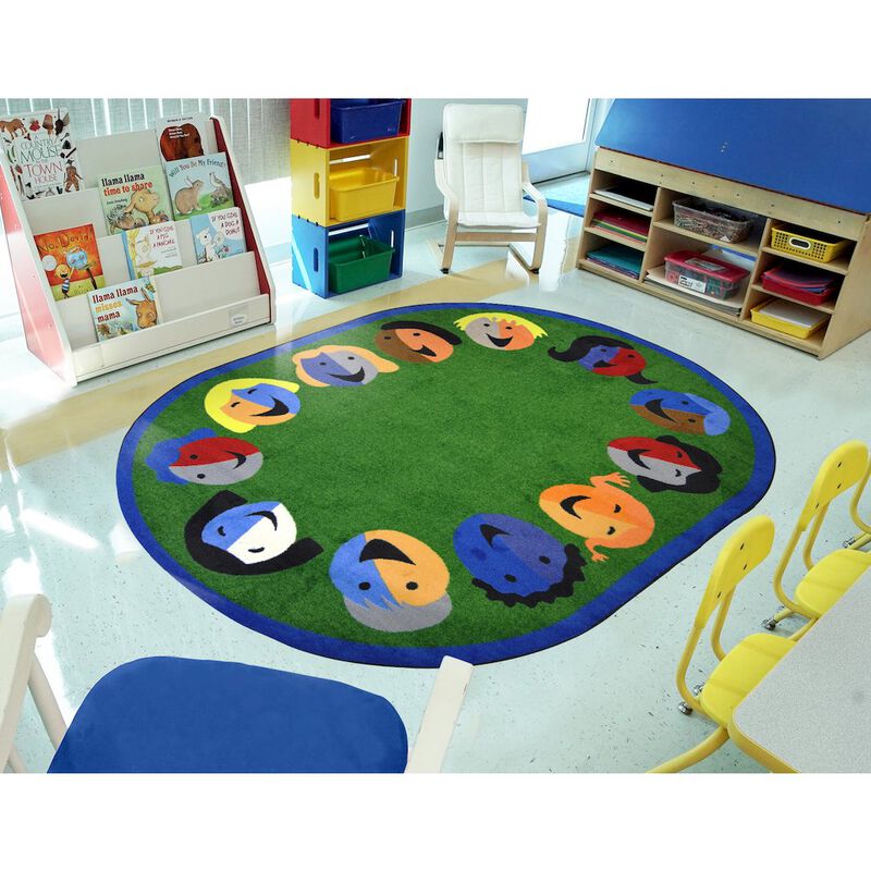 Joy Carpets Kid Essentials Joyful Faces 5'4 x 7'8 Oval Area Rug in Color Green