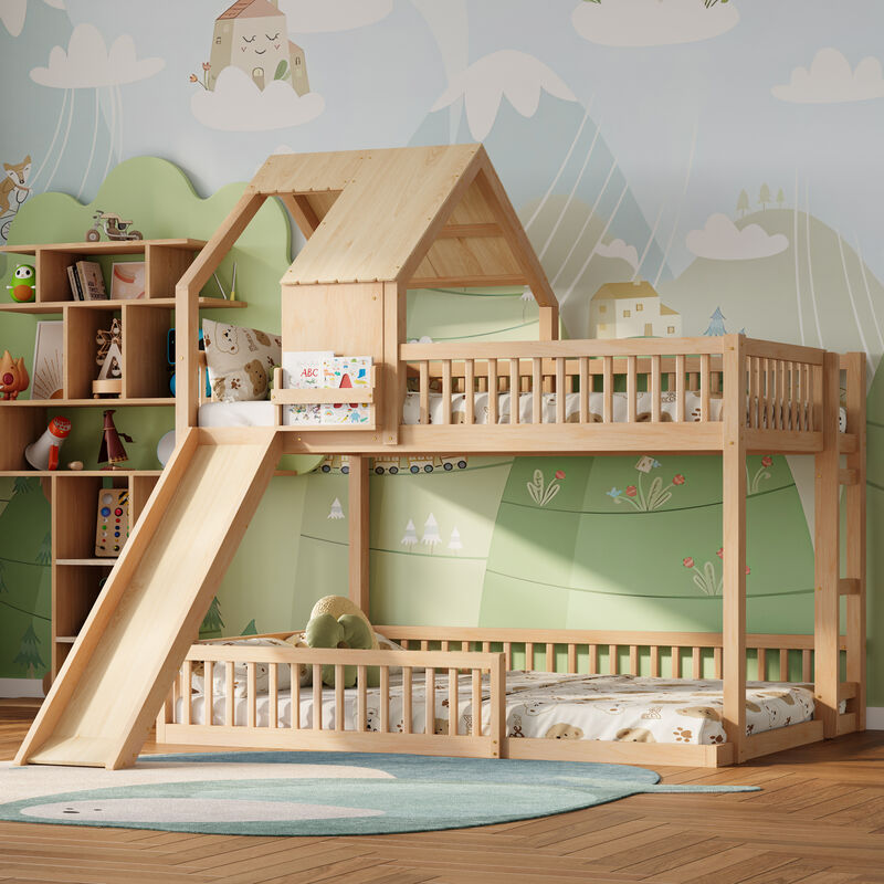 Merax Full XL over Queen House Bunk Bed with Slide, Solid Wood Frame image number 1