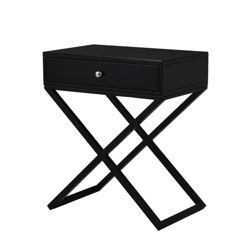 Kodakkk Black Wooden End Side Table Nightstand with Glass Top, Drawer and Metal Cross Base