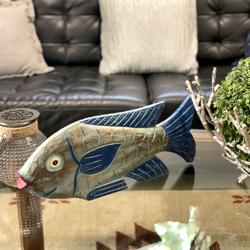 Hand Carved Blue Wooden Fish Statue 19" Nautical Coastal Decor Wood Accent image number 9