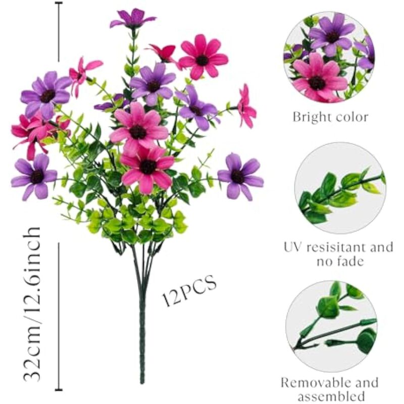 12 Bundle Purple Artificial Daisy Flowers UV Resistant Outdoor Vase Filler image number 3