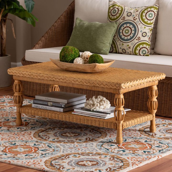 bali & pari Dolby Natural Rattan Coffee Table - Handwoven Wicker Accent Table with Lower Shelf, Coastal Boho Style Living Room Centerpiece