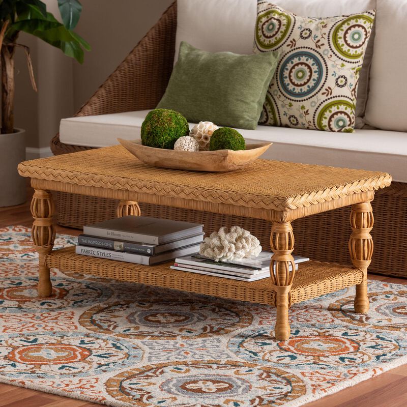 bali & pari Dolby Natural Rattan Coffee Table - Handwoven Wicker Accent Table with Lower Shelf, Coastal Boho Style Living Room Centerpiece