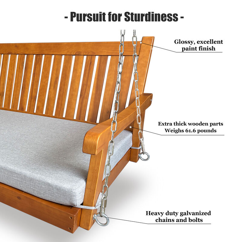 Wooden Porch Swing Bed with Thick Cushion &ndash; 6 FT Outdoor Hanging Daybed for Patio or Porch, Heavy Duty 1000 LBS (Teak Tone) image number 6