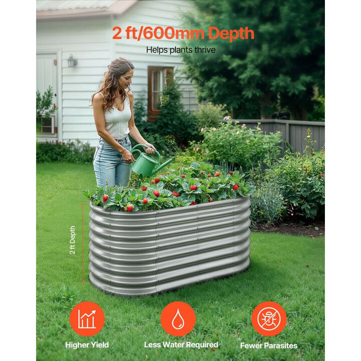 Oval Galvanized Raised Garden Bed Open Bottom Metal Planter for Outdoor Gardening-Galvanized Color