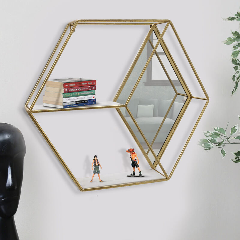 Hexagonal Shaped Metal Wall Shelf with 2 Display Cases, Gold and White - Benzara