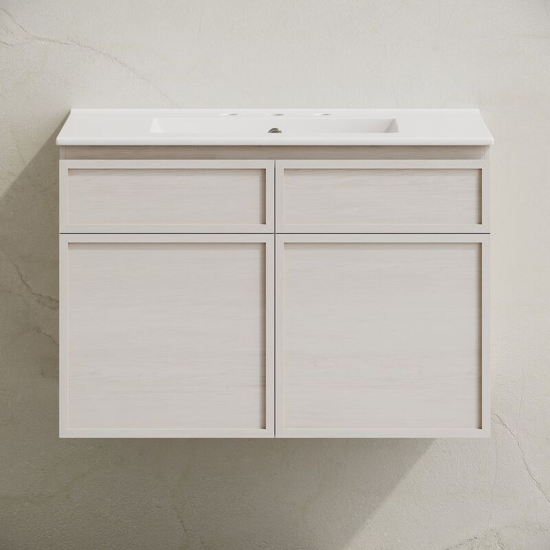 30" Wall-Mounted Bathroom Vanity in White Oak with 3-Hole Widespread Sink Top image number 4