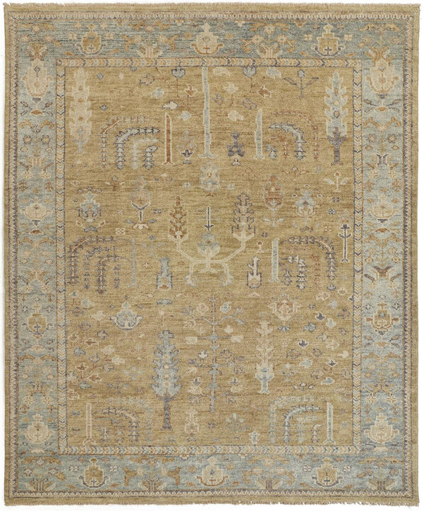 2 X 3 gold Blue And gray Wool Floral Hand Knotted Stain Resistant Area Rug With Fringe
