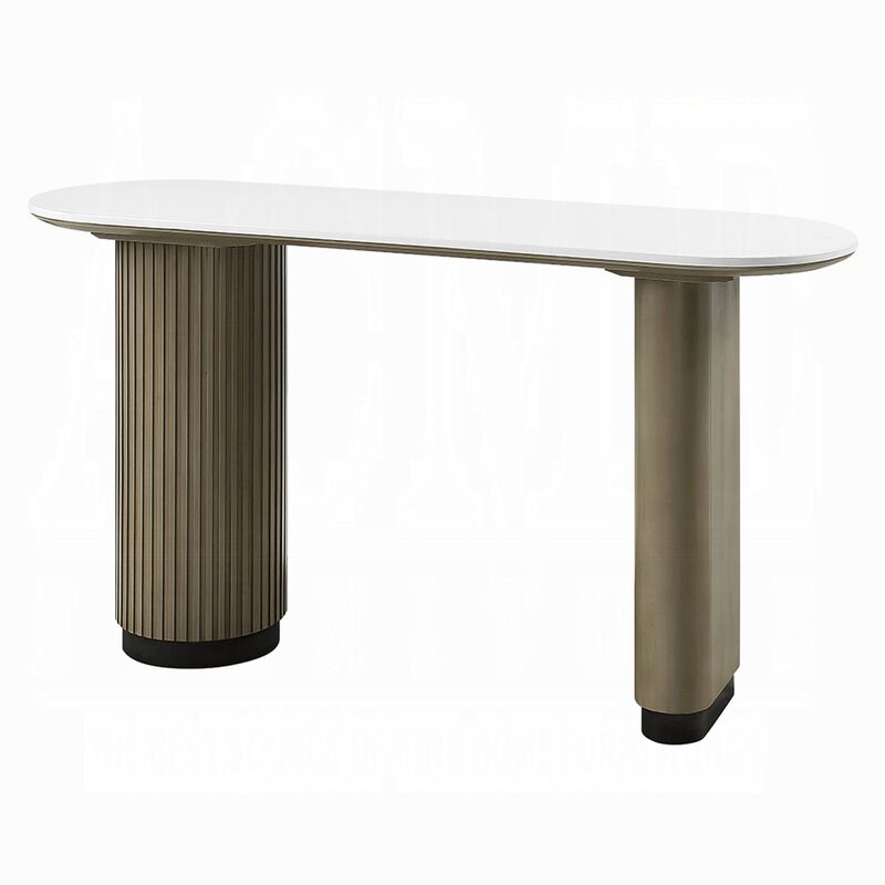 Jeh Sofa Console Table, 55 Inch White Oval Top, Pedestal Base, Oak Brown image number 3