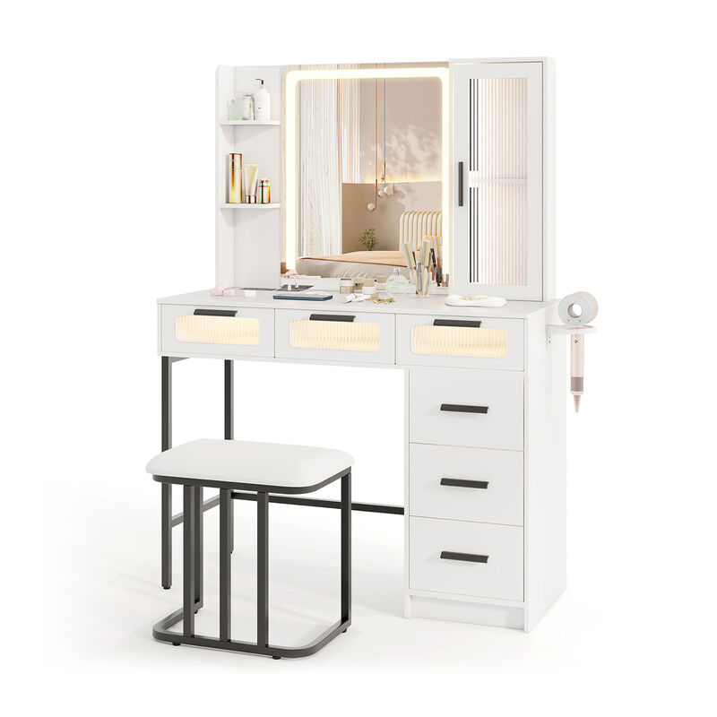 Makeup Vanity Desk with 3-Color Induction LED Lights and 6 Drawers-White
