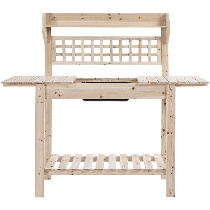 Outsunny Outdoor Potting Bench Table, Wooden Workstation with Sliding Tabletop, Storage Shelf and Dry Sink, for Greenhouse, Garden, Patio, Gray