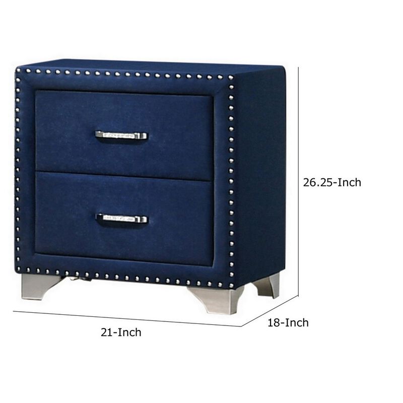 Cale 26 Inch Modern Wood Nightstand, Velvet Upholstered, Nailhead, Blue-Benzara